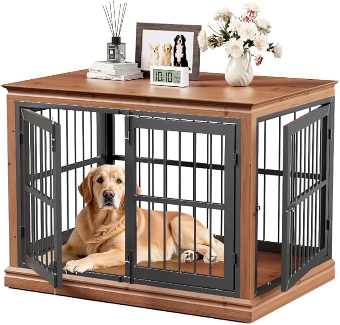 42 in Solid Wood Dog Crate Furniture for Dogs-Dog Kennel Indoor for End Table, Chew-Proof and Silent Latches Design for Large and Medium Dogs, Dog Kennel Furniture-(Brown+Black)