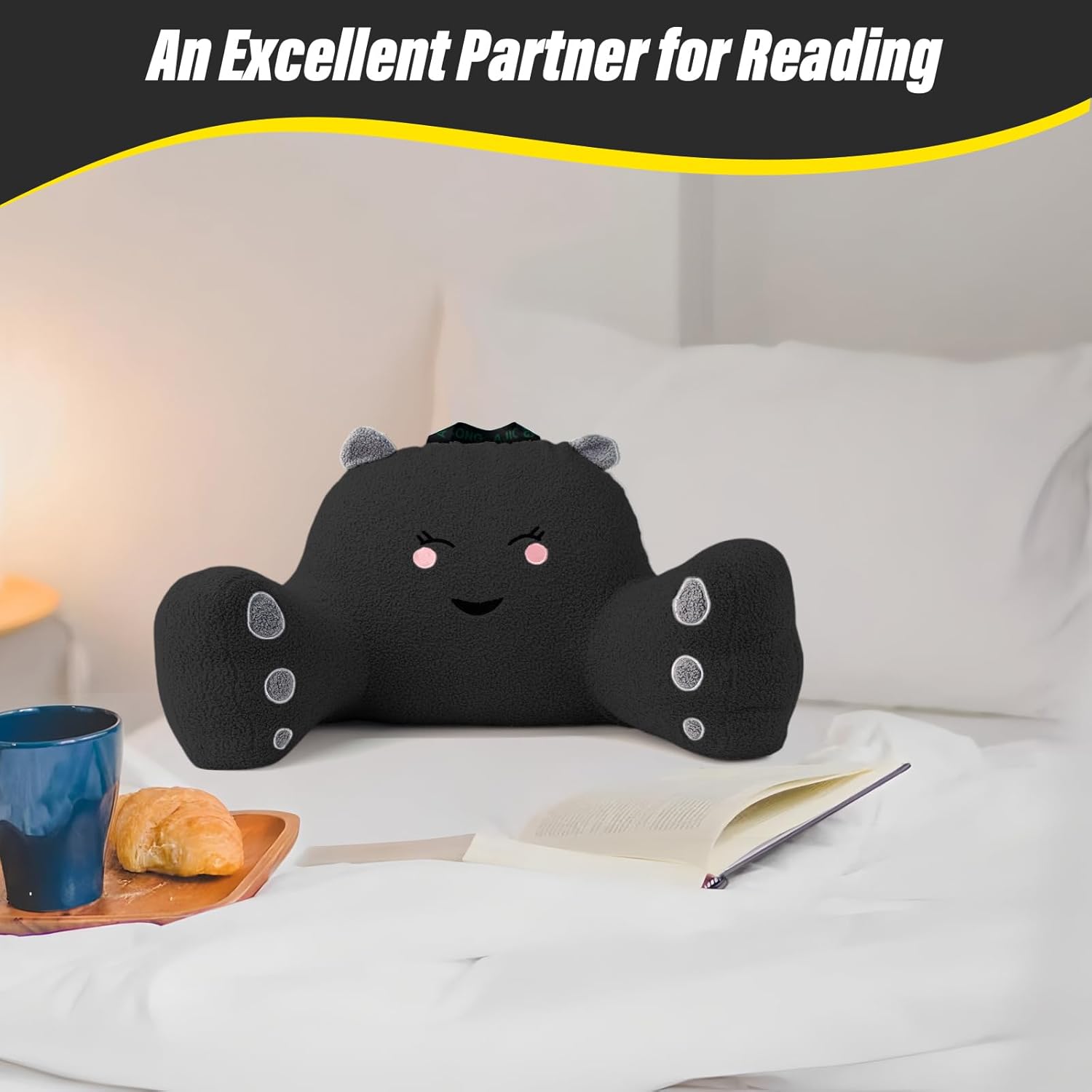 Reading Pillow for Sitting in Bed Couch Teens/Adult, Back Rest Pillow for Sitting Up in Bed with Shredded Memory Foam, Includes Arms and Washable Cover (Black)