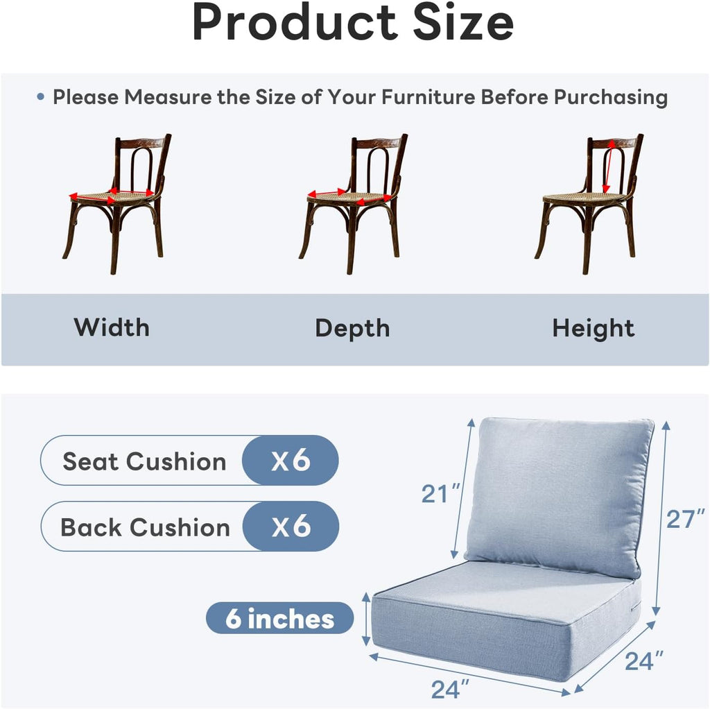6" Thicker Outdoor Chair Cushion 6 Sets - 24" *24" *6" Waterproof Patio Furniture Cushions with Removable Cover, 28D High Density Sponge Filling Thicken Outdoor Patio Cushions - Baby Blue