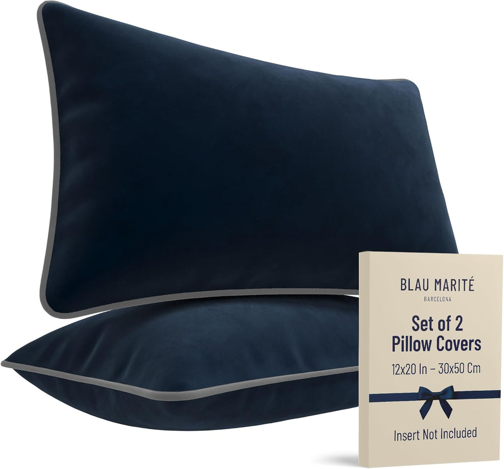 2 Pack Velvet Decorative Throw Pillow Covers, 12"x20", Navy Blue and Grey, Solid, Modern, Contrast Piping, Indoor Use, Bedroom & Living Room
