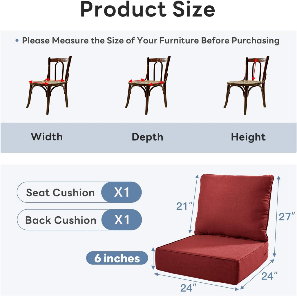 6 inches Thicker Outdoor Chair Cushions Set- 24" *24" *6" Waterproof Patio Furniture Cushions with Removable Cover, 28D High Density Sponge Filling Thicken Outdoor Patio Cushions - Red