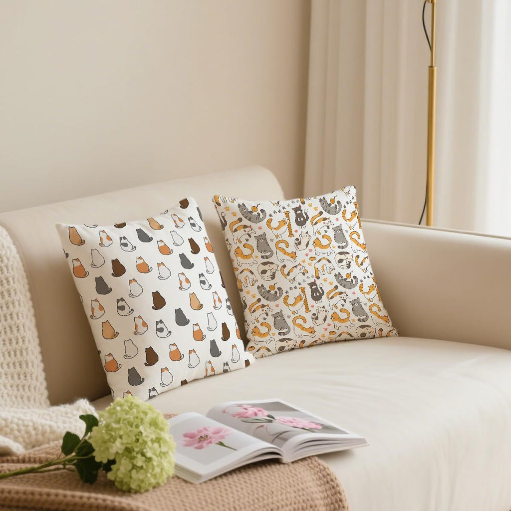 2 Pcs Throw Pillow Cover Lovely Multicolor Cartoon Cats Decorative Throw Pillow Case, Cartoon Geometric Kitten Square Decorative Cushion Cover for Couch Sofa Bedroom Living Room Office Home Decor