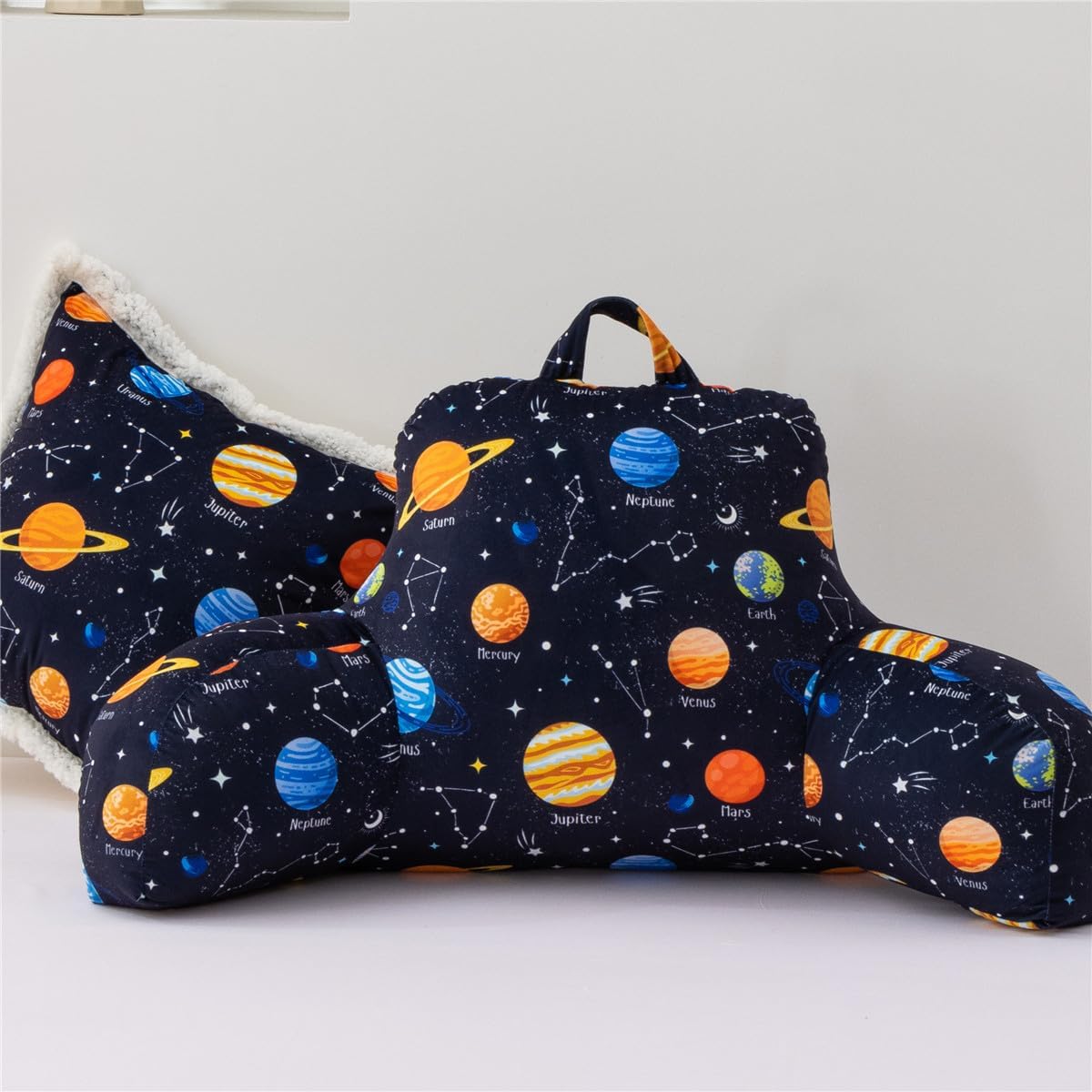 NTBED Galaxy Planet Printed Reading Pillow Bed Wedge Backrest with Arms, Couch TV Relax Bed Rest Pillow Back Support Cushion for Kids Teens Boys Girls