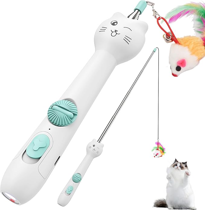 TBTeek Cat Toy, 2in1 Light and Retractable Pole with Feather, Rechargeable, Long Range 5 Modes, Interactive Toy for Indoor Cat Kitten Dog