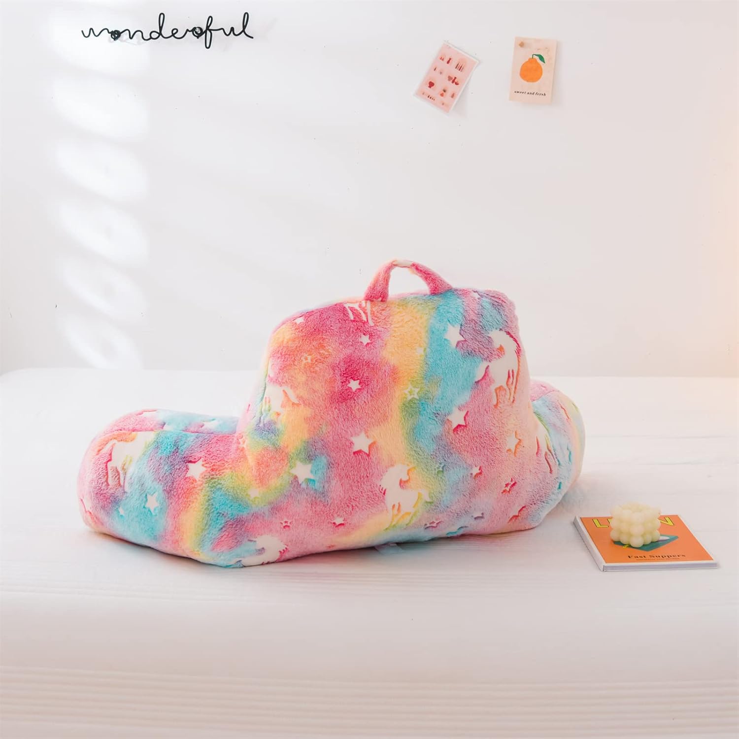 Meeting Story Colorful Unicorn Luminous Reading Pillows Glow in The Dark with Arms Back Pillow for Bed, Bed Rest Pillow for Adults, Teens, Kids, (Rainbow)