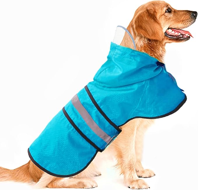 Dog Raincoat Waterproof Reflective Slicker - Lightweight Breathable Hooded Poncho Rain Coat Jacket with Adjustable Belly Strap and Leash Hole for Small Medium Large Dogs (X-Large, Blue)