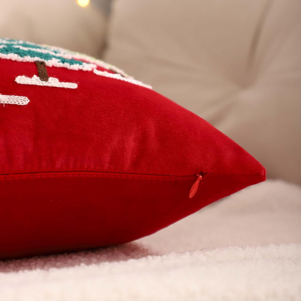 LUOYEHK Red Christmas Pillow Covers 18x18 Set of 2 House and Deer Decorative Pillow Cases Winter Holiday Velvet Embroidered Cushion Covers for Couch Sofa Bed