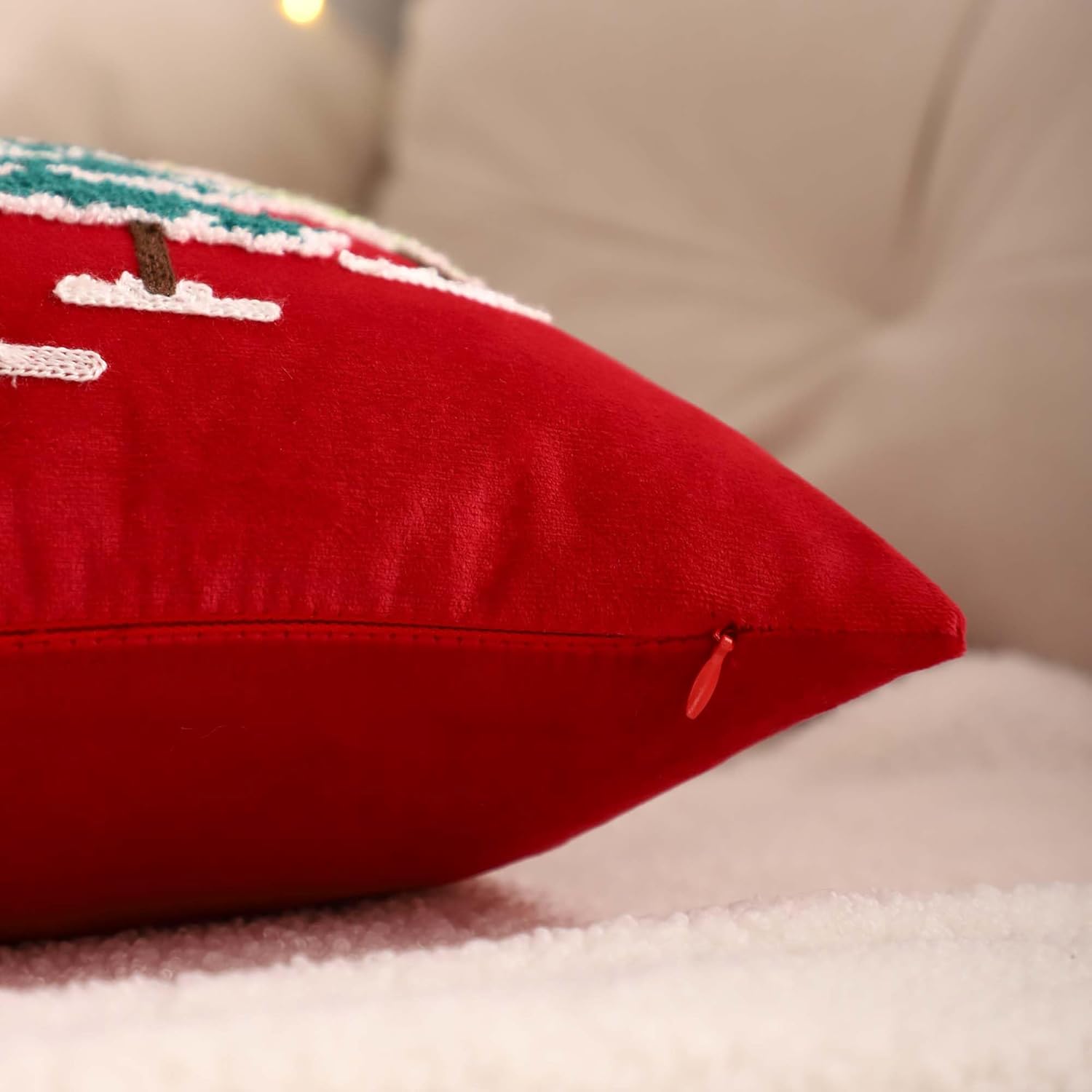 LUOYEHK Red Christmas Pillow Covers 18x18 Set of 2 House and Deer Decorative Pillow Cases Winter Holiday Velvet Embroidered Cushion Covers for Couch Sofa Bed