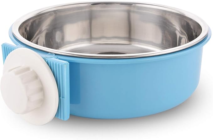 Crate Dog Bowl Removable Stainless Steel Water Food Feeder Bowls Cage Coop Cup for Cat Puppy Bird Pets (Large, Blue)