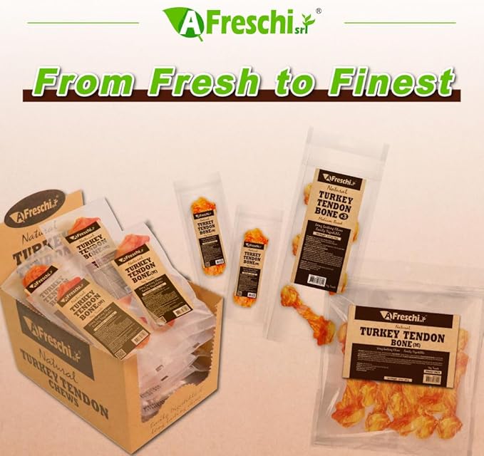 AFreschi Turkey Tendons for Dogs, USA-Sourced, Healthy Dog Treats, Rawhide-Free Puppy Chews, Long Lasting, All Natural, Hypoallergenic Dog Treats for Medium Breeds, 3 Count Pack Bone (M)