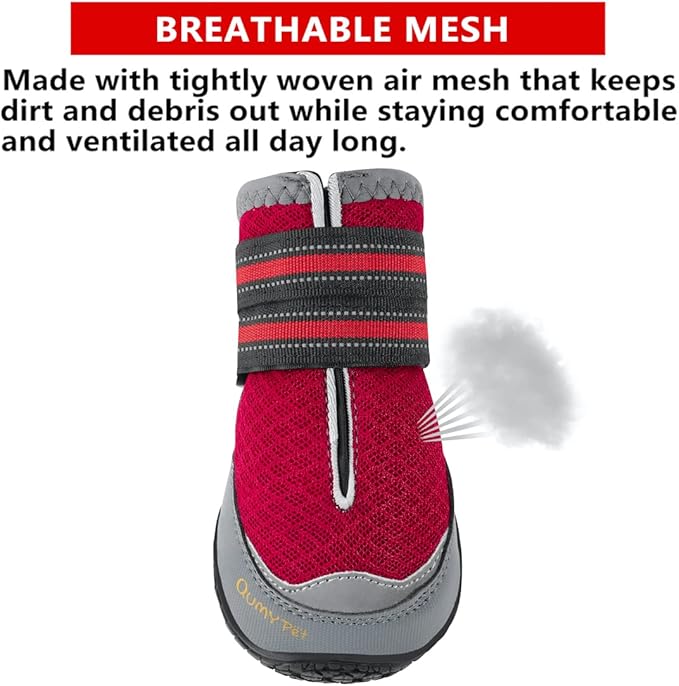 QUMY 4PCS Dog Boots for Large Dogs, Medium Dog Shoes & Paw Protectors for Hot Pavement, Summer Heat Protection, Mesh Breathable Nonslip Dog Booties for Hardfloors, Walking Running Hiking Red Size 4