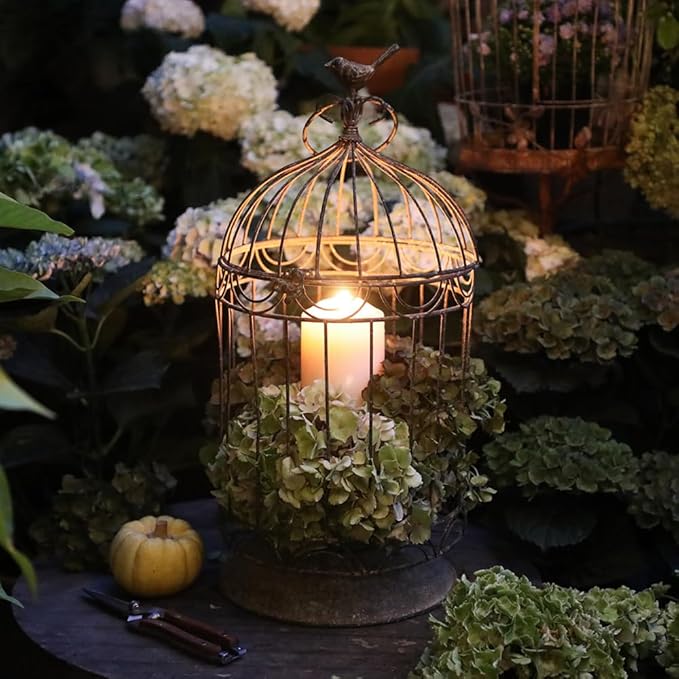 Rustic Vintage Birdcage Planter Holder Farmhouse Distressed Decorative Metal Round Plants Stand with Latch Lock Closure and Hanging Hook for Table Garden Patio Home Indoor Outdoor Centerpiece Decor