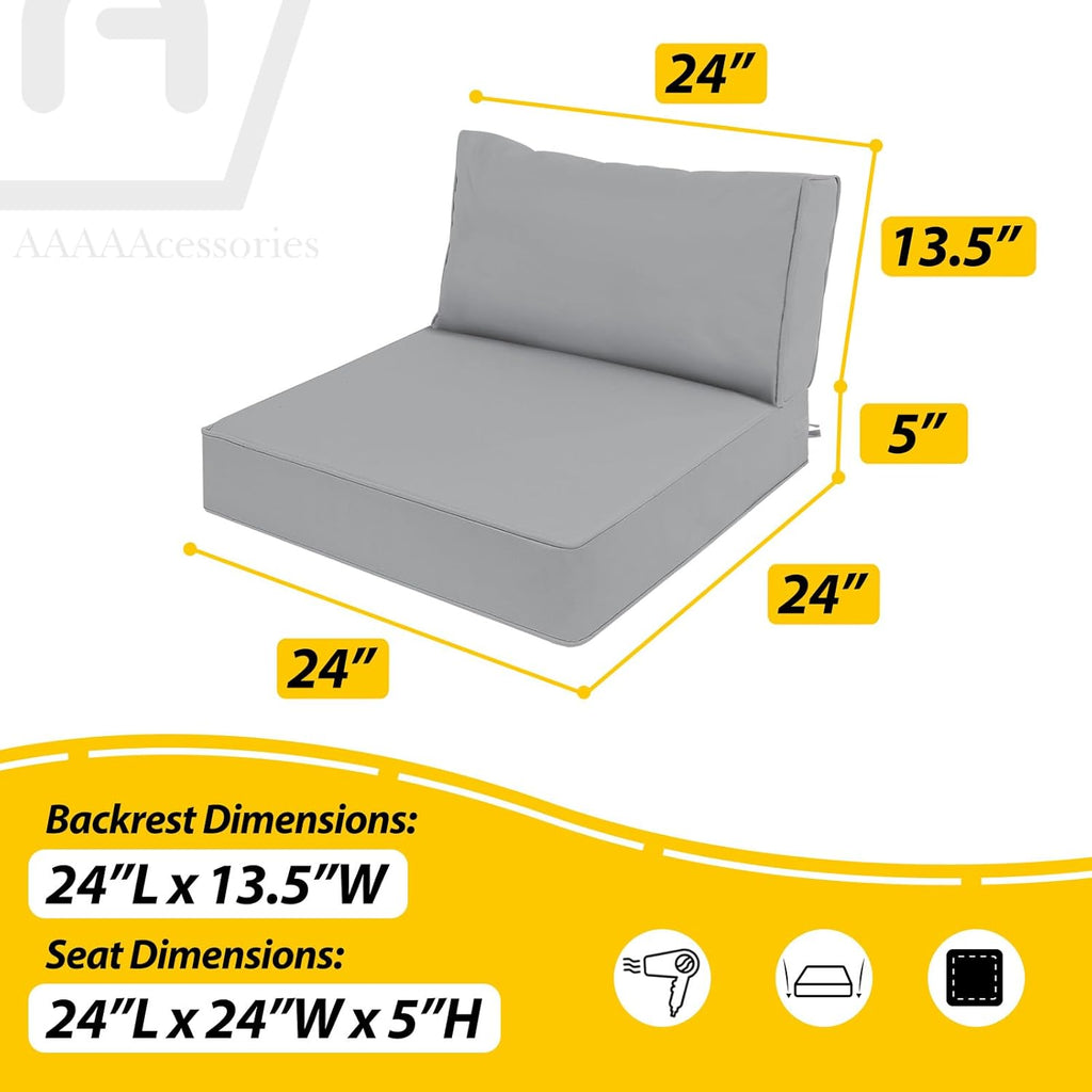 AAAAAcessories Outdoor Deep Seat Cushions, Waterproof, Fade-Resistant Patio Furniture Replacement Cushions, 24" x 24" x 5" + 24" x 13.5", Gray