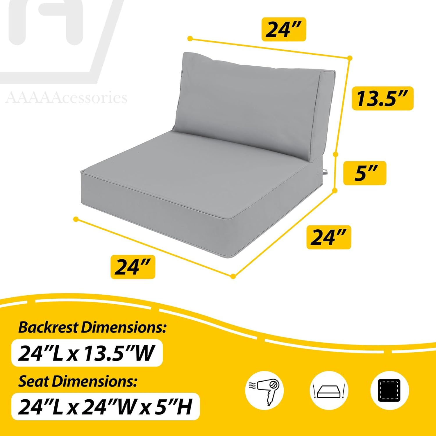 AAAAAcessories Outdoor Deep Seat Cushions, Waterproof, Fade-Resistant Patio Furniture Replacement Cushions, 24" x 24" x 5" + 24" x 13.5", Gray