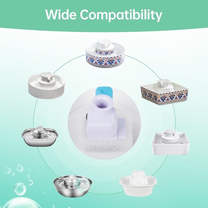 8 Packs Cat Water Fountain Filter for 2.1L/71oz Ceramic Cat Water Dispenser, 8 Carbon Filters & 2 Foam Filters for Porcelain Pet Water Fountain, Multi-Filtration System Activated Carbon Filter