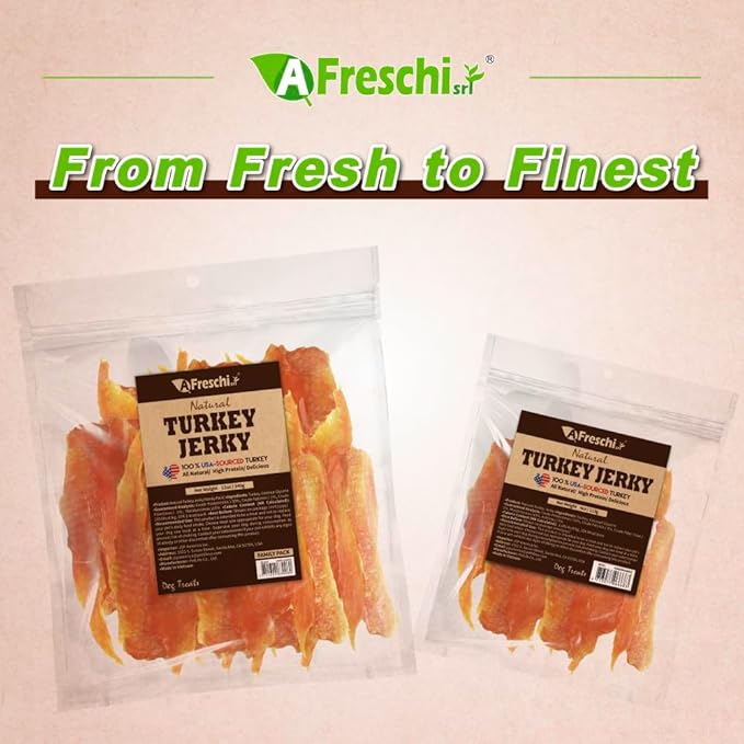 AFreschi Turkey Jerky Dog Treats –12 oz, USA-Sourced Trukey, All-Natural, Hypoallergenic, High-Protein, Low-Fat, Healthy & Easily Digestible, Puppy & Training Snack