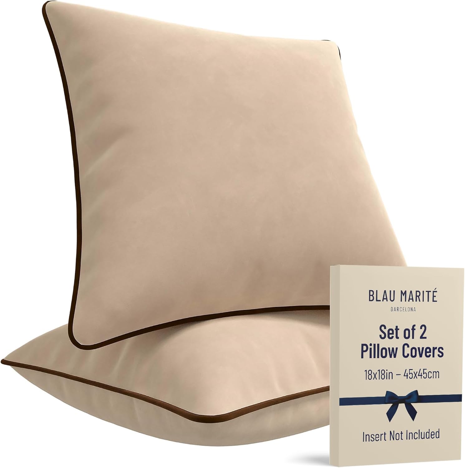 2 Pack Velvet Decorative Throw Pillow Covers, 18"x18", Beige and Brown, Solid, Modern, Contrast Piping, Indoor Use, Bedroom & Living Room