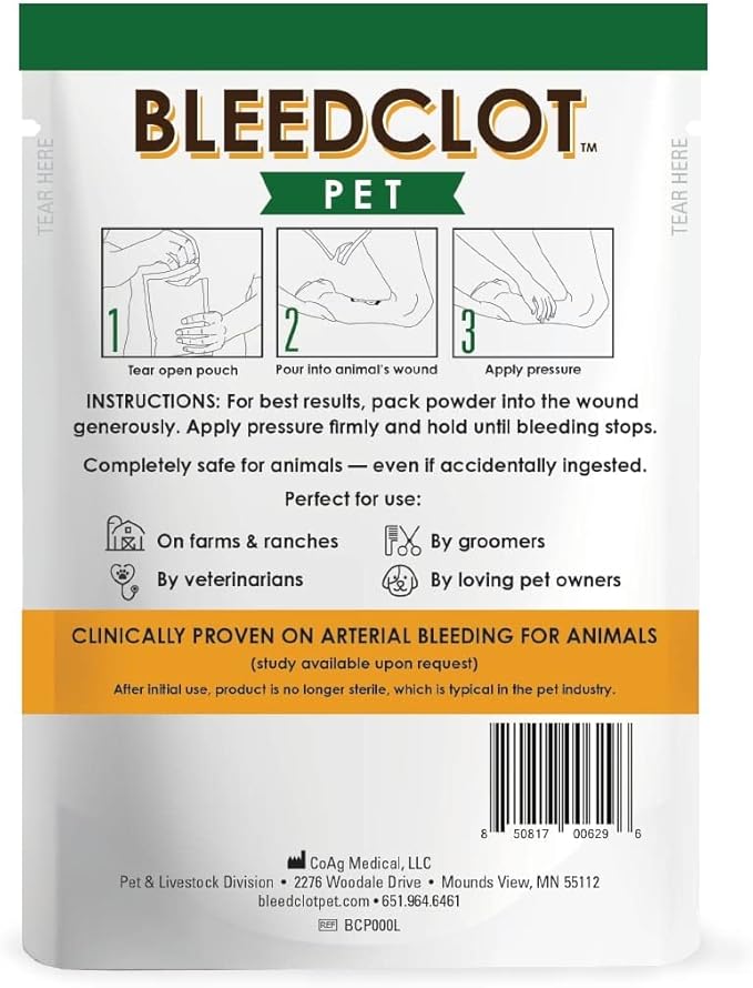 BleedClot Pet FirstAid Blood Clotting Powder | Stop Bleeding on All Animals Guaranteed | Minor Cuts to Arterial Bleeding | from Makers of BleedStop | Veterinarian + Household Use (1 Pouch, 5 oz)