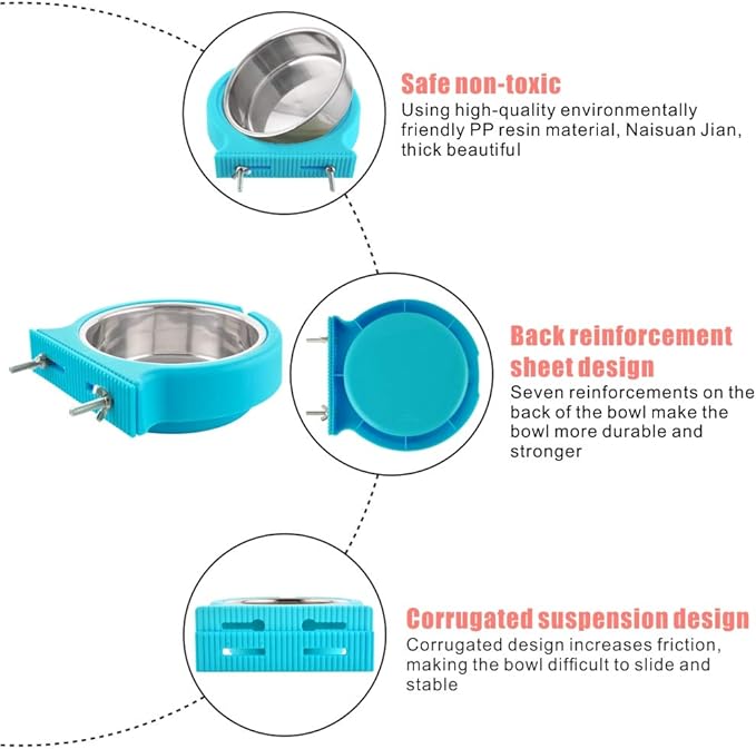 Crate Dog Bowl Removable Stainless Steel Water Food Feeder Bowls Cage Coop Cup for Cat Puppy Bird Pets (Small, Blue with Corrugated Clip)