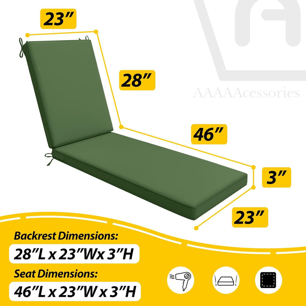 AAAAAcessories Outdoor Chaise Lounge Cushions, Waterproof, Fade-Resistant Patio Furniture Replacement Cushions, 74" x 23" x 3", Set of 2, Dark Moss Green