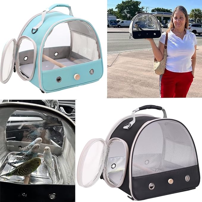 Bird Carrier, Portable Small Bird Parrot Parakeet Carrier with Standing Perch, Side Access Window Collapsible (Black, Mesh Windows)