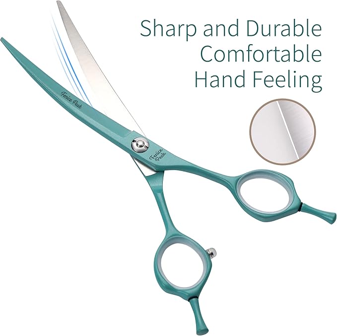 Fenice Peak Curved Dog Grooming Scissors with Green Color Coating 440C Stainless Steel Pet Grooming Bending Shears Sharp and Durable Comfortable Engonomic Handle