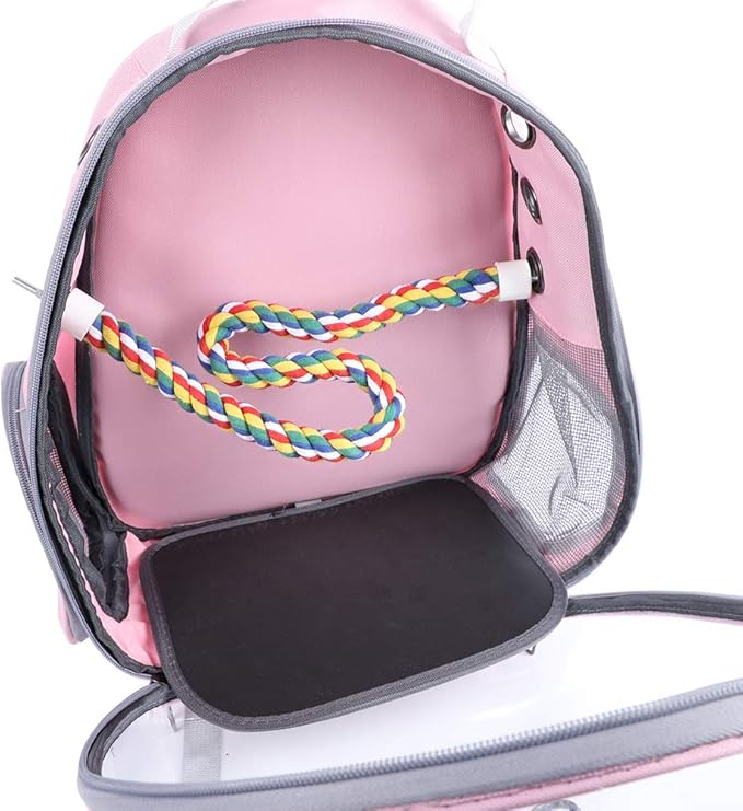 Pink Bird Backpack Carrier with Portable Bird Feeder Cups, Pet Bubble Carrier for Pet Birds, Airline-Approved, Ventilate Transparent Space Capsule Carrier Backpack for Travel, Hiking and Outdoor Use