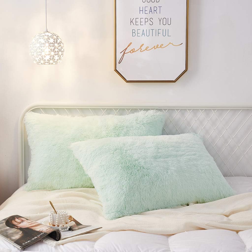 Uhamho Set of 2 King Faux Fur Throw Pillow Covers Soft Velvet Decorative Pillowcases Zipper Closure(20 x 36 Inches Aqua)