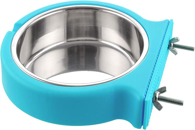 Crate Dog Bowl Removable Stainless Steel Water Food Feeder Bowls Cage Coop Cup for Cat Puppy Bird Pets (Small, Blue with Corrugated Clip)