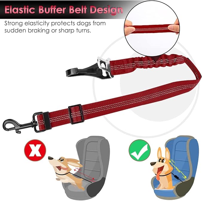 SlowTon Dog Seat Belt, Adjustable Dog Safety Belt Leash, 2 in 1 Latch Bar Attachment Dog Car Seatbelt with Elastic Nylon Bungee Buffer, Reflective Nylon Belt Tether Connect to Dog Harness (Red)