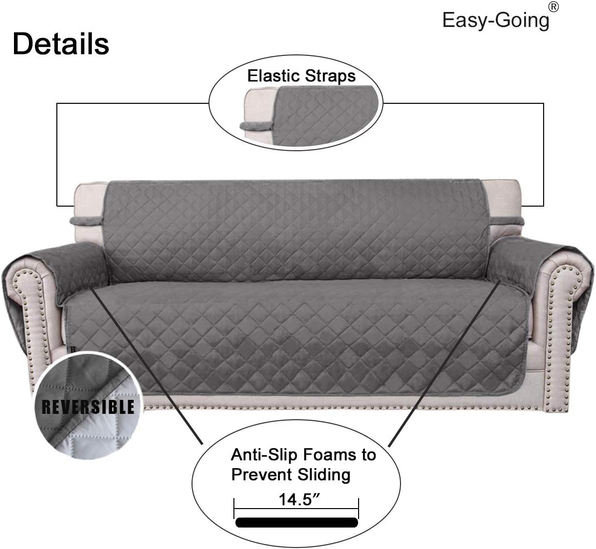 Easy-Going 4 Seater Sofa Slipcover Reversible Sofa Cover Water Resistant Couch Cover with Foam Sticks Elastic Straps Furniture Protector for Pets Children Dog Cat (XX-Large, Gray/LightGray)