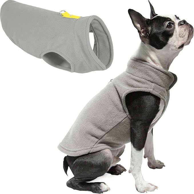 Gooby Fleece Vest Dog Sweater - Gray/Yellow, X-Small - Warm Pullover Fleece Dog Jacket with O-Ring Leash for Small to Medium Dogs