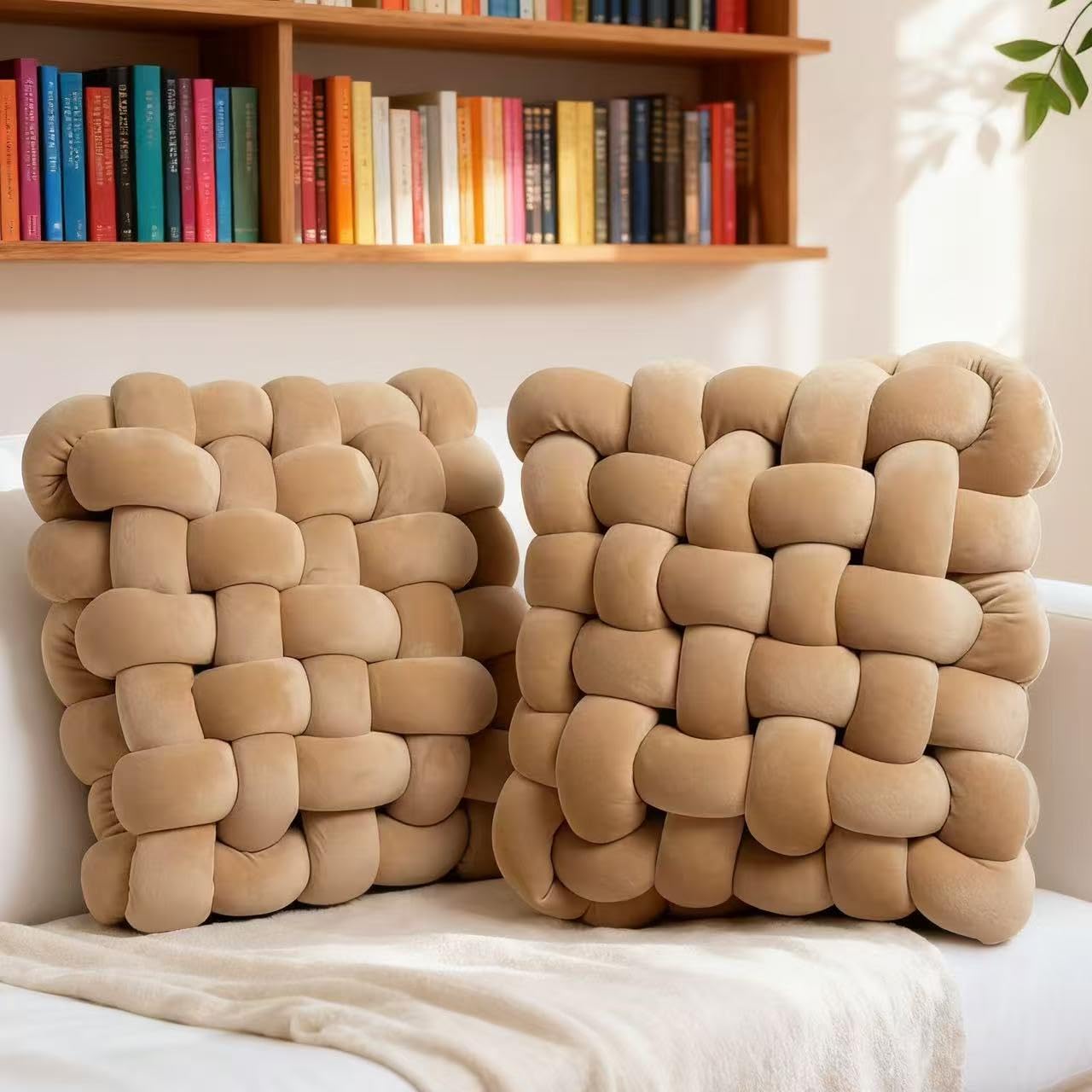 2Pcs Square Knot Throw Pillows, Suitable For Bedroom Decoration, Sofa Decorative Pillows, Home Decoration, Home Decor Living Room 12 inches * 13 inches (Coffee Color)