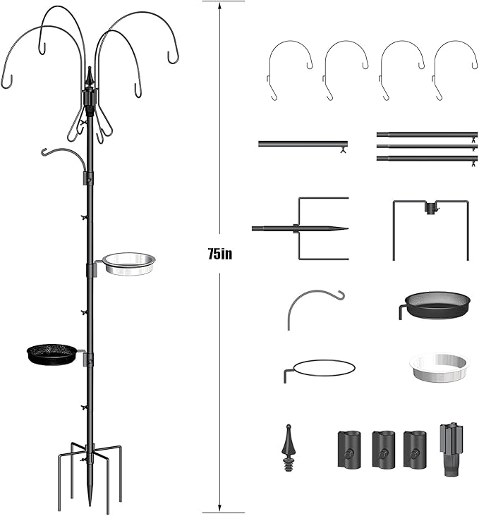 Bird Feeder Pole, 75 Inch 5 Hooks Heavy-Duty Feeder and Water Dispenser Shepherd, Bird Feeding Station with Ground Stake for Outdoors Shepherd Hook