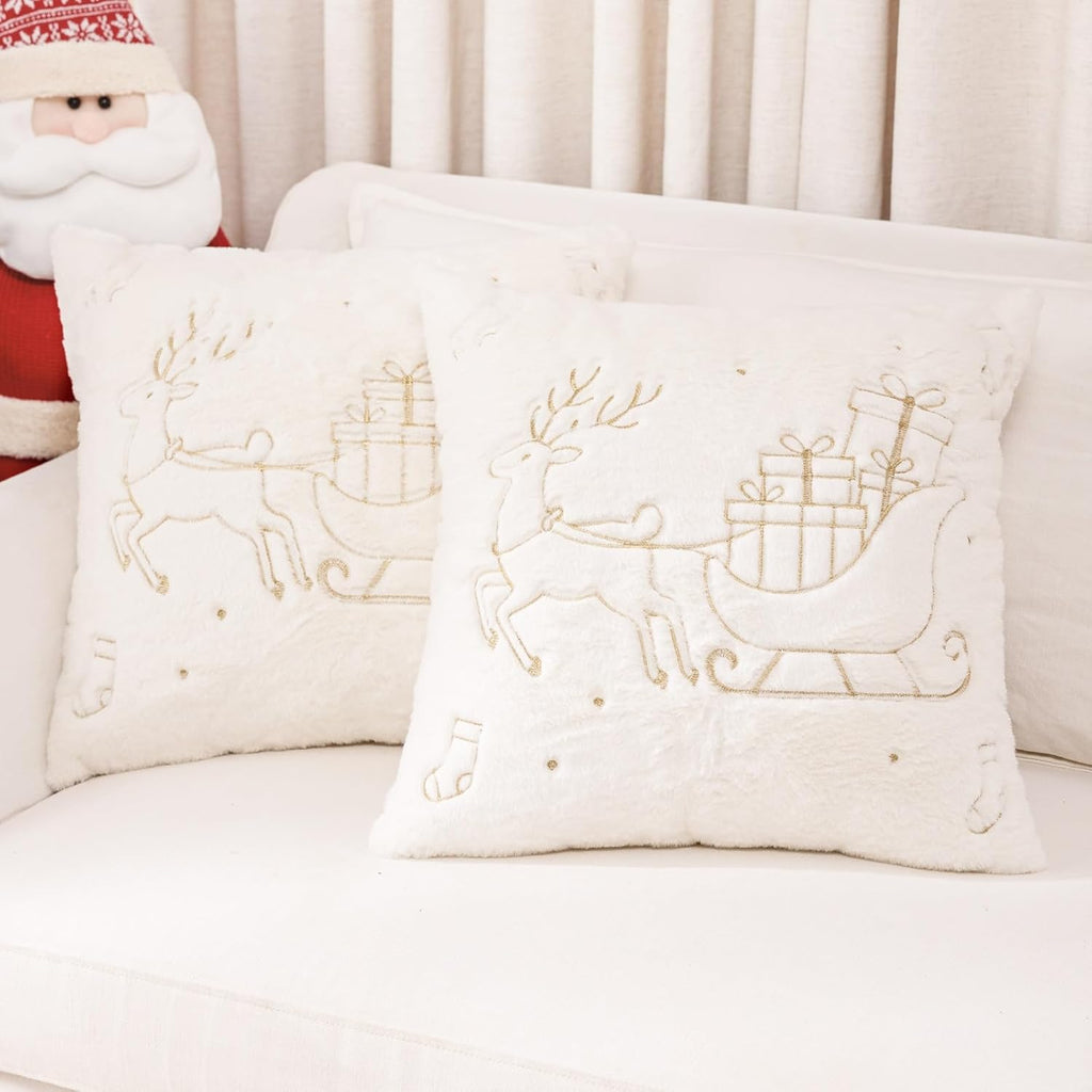 Christmas Embroidered Throw Pillow Cover - Soft Chenille Holiday Decorative Cushion for Xmas Tree Decor, Winter Home Decor, Cozy Living Room Bedroom Sofa (Reindeer, 20" x 20" (Pack of 2))