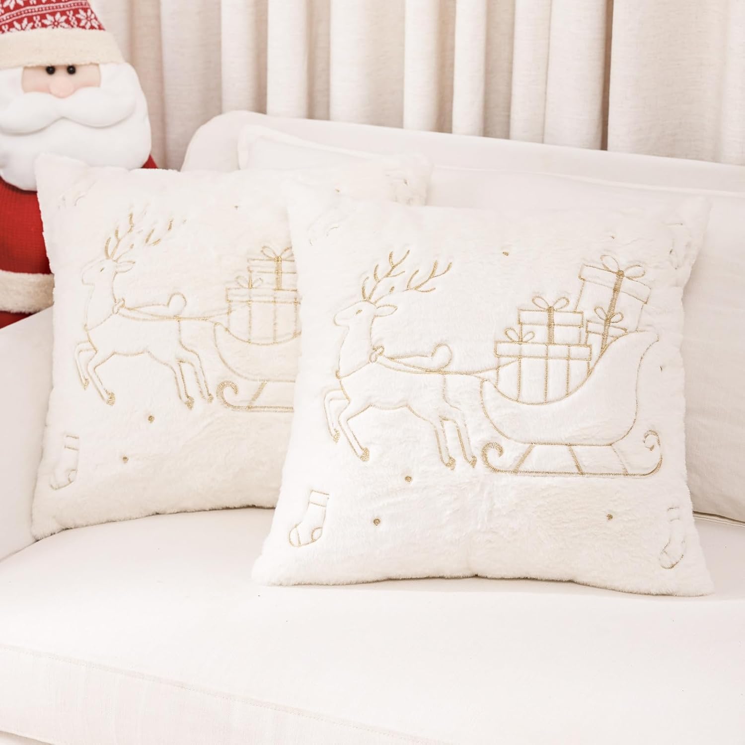 Christmas Embroidered Throw Pillow Cover - Soft Chenille Holiday Decorative Cushion for Xmas Tree Decor, Winter Home Decor, Cozy Living Room Bedroom Sofa (Reindeer, 18" x 18" (Pack of 2))