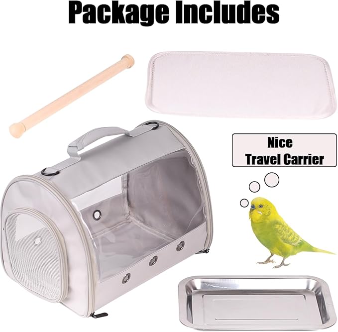 Small Bird Travel Carrier Cage for Long Tail Bird Parakeet Parrot, Includes Metal Tray Soft Mat and Wooden Standing Perch, Hands Free Lightweight Clear 2 Windows