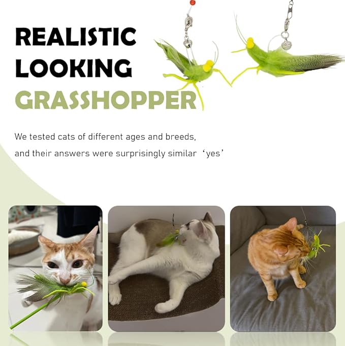 Cat Insect Feather Toys Replacement - 2 Pcs Handmade Natural Grasshopper - Cat Toy Wand Refills - Interactive Kitten Teaser Wand Attachments - Cat Toys for Indoor Cats Play