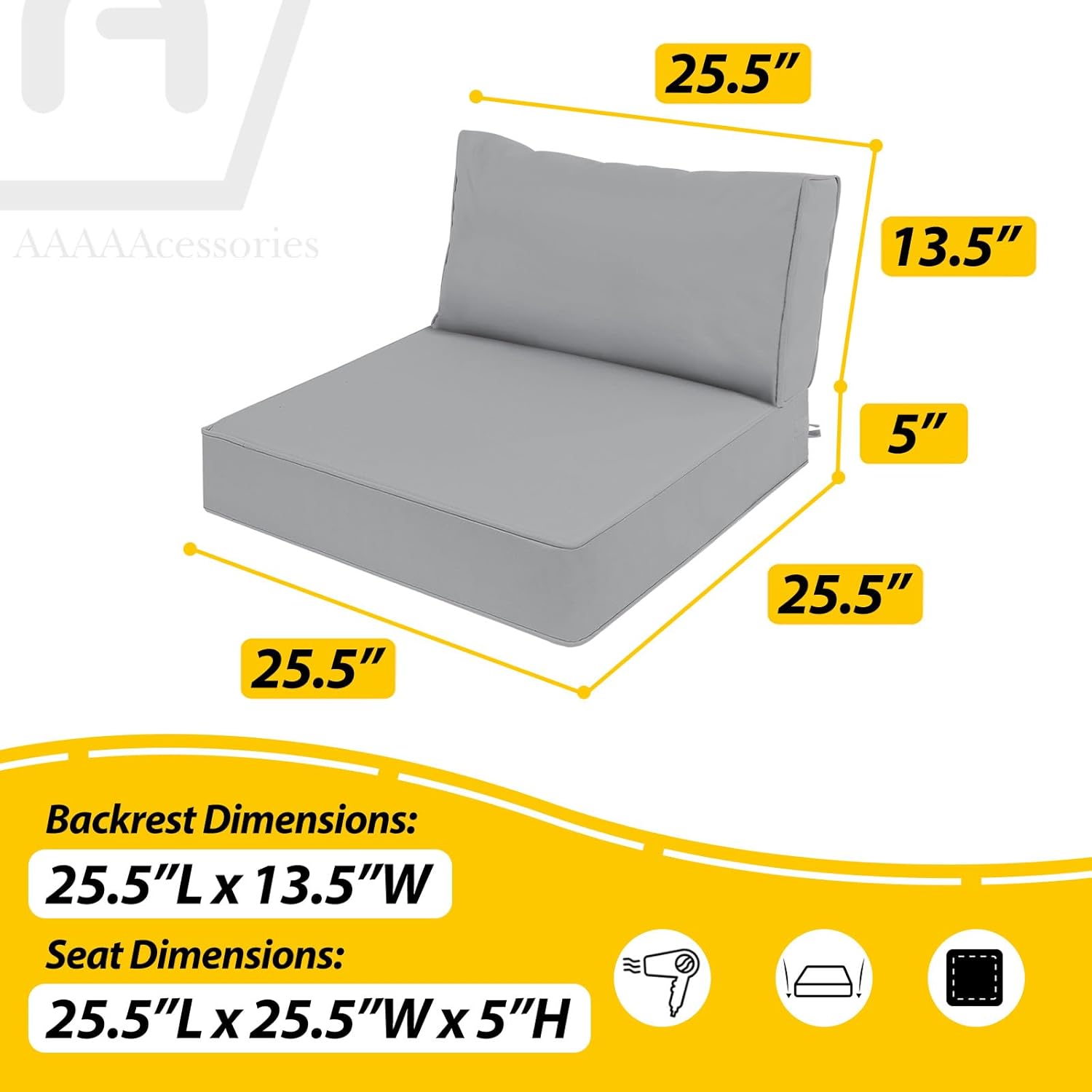 AAAAAcessories Outdoor Deep Seat Cushions, Waterproof, Fade-Resistant Patio Furniture Replacement Cushions, 25.5" x 25.5" x 5" + 25.5" x 13.5", Gray