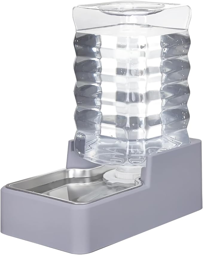 Sfozstra Automatic Dog Water Dispenser: 8L Large Gravity Light Gray Waterer with Stainless Steel Bowl - 100% BPA-Free - Suitable for Pet Owners Garden/Apartment