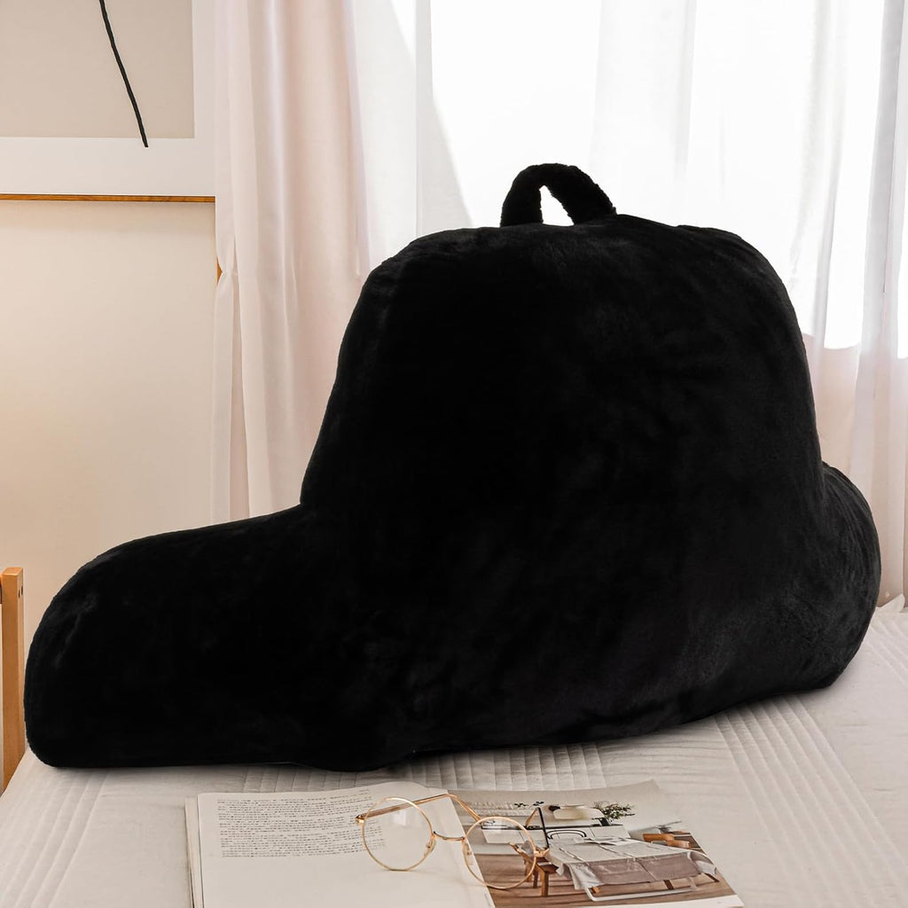 A Nice Night Faux Fur Reading Pillow Bed Wedge Large Adult Children Backrest with Arms Back Support for Sitting Up in Bed/Couch for Bedrest,Black,Large