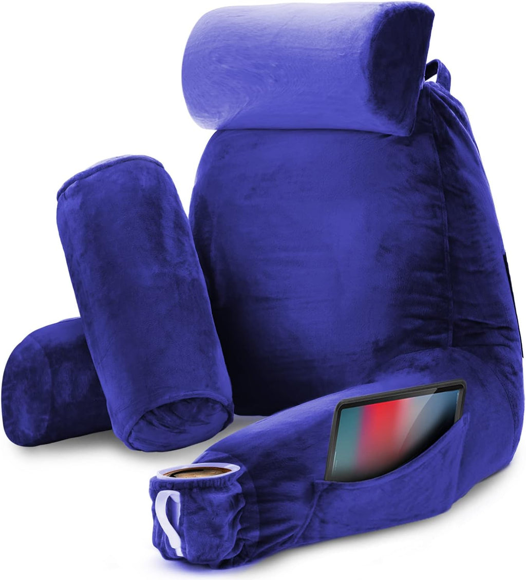 Nestl Reading Pillow with Shredded Memory Foam Includes 2 Neck and Lumber Support Pillows, Designed for Sitting Up in Bed and Couch, Back and Arms Adjustable Support for Adult & Teens, Royal Blue