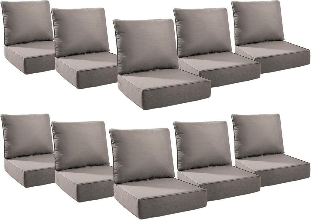 6" Thick Outdoor Cushions 24x24x6, 10-Set Deep Seat Patio Cushions with Removable Cover, Waterproof & Fade Resistant Replacement for Wicker Chair, Loveseat, Sofa - Grey