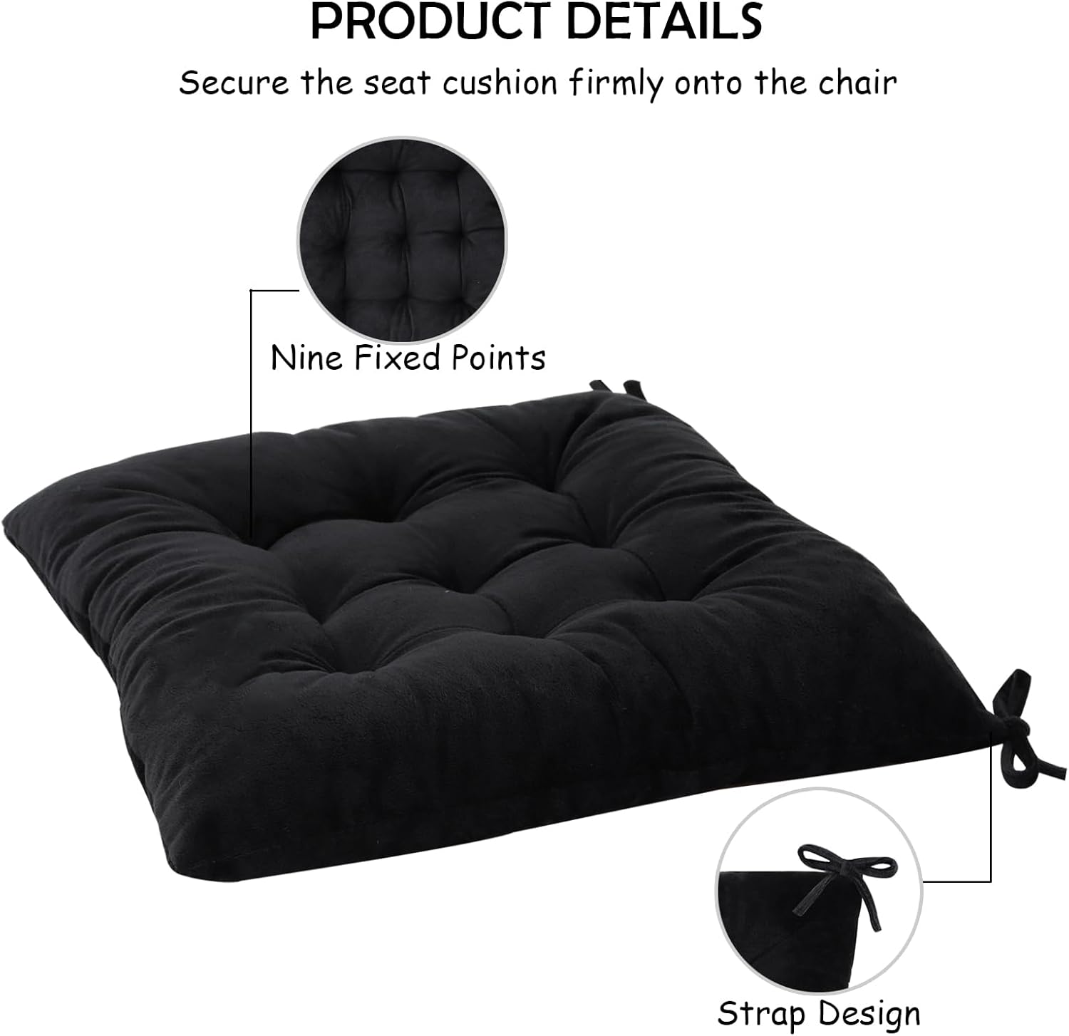 Set of 2 Chair Cushions for Dining Chairs with Ties, Indoor Non-Slip Kitchen Chair Pad and Dining Room Seat Cushion Mat for Office Living Room Outdoor 15.5" - Black