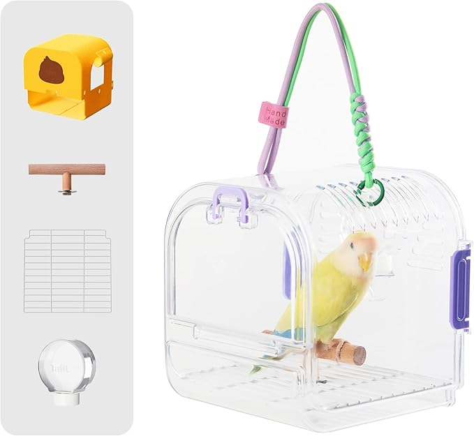 Bird Travel Carrier Cage with Metal Perch, Bottom Mesh, Food Bowl Tray, Cage Cover & Breathable Clear Ventilation for S/M Birds, Conures, Parakeets, Budgies, Canaries, Lovebirds - Purple
