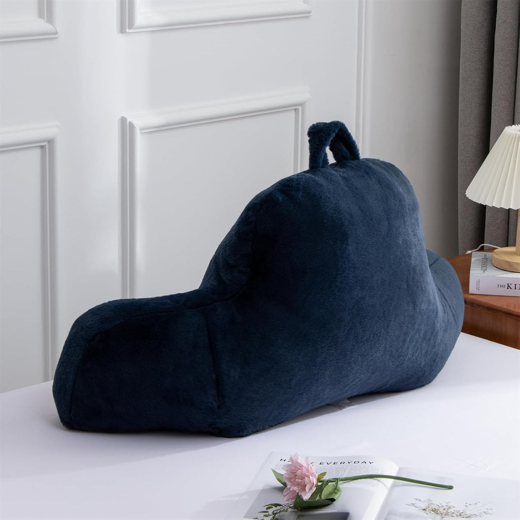 A Nice Night Faux Fur Soft Reading Pillow Bed Wedge Adult Backrest with Arms Back Support for Sitting Up in Bed/Couch for Bedrest,Navy,Large