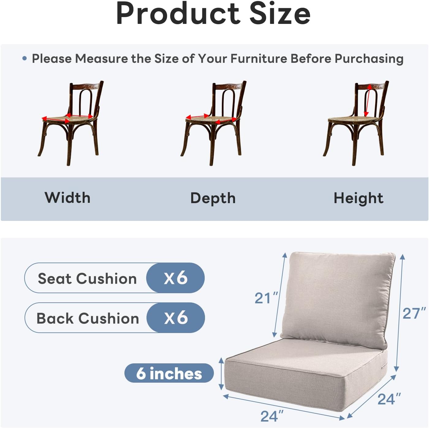 6" Thicker Outdoor Chair Cushion 6 Sets - 24" *24" *6" Waterproof Patio Furniture Cushions with Removable Cover, 28D High Density Sponge Filling Thicken Outdoor Patio Cushions - Beige