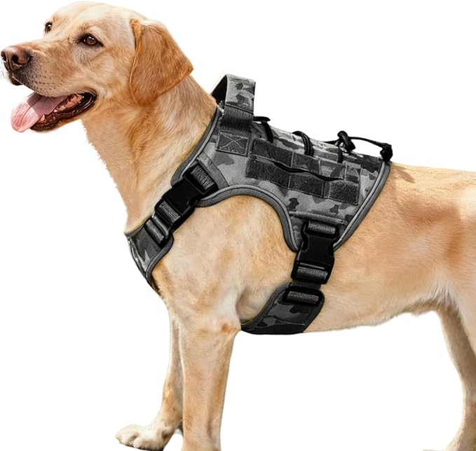 Heavy-Duty Tactical Dog Harness for Large Dogs, No Pull Adjustable Reflective Pet Vest with Molle System, K9 Military-Grade Control for Service Training, Outdoor & 10+ Breeds, Gray Camo, Medium