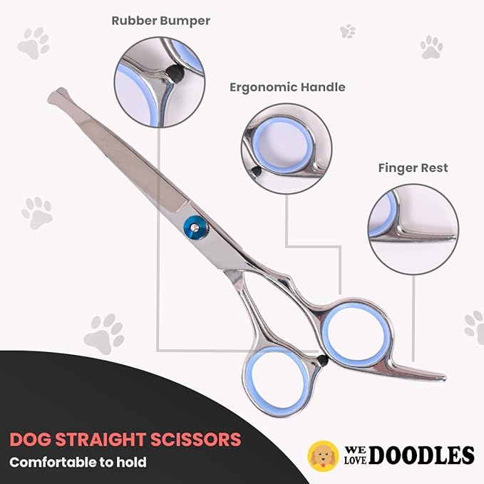 Dog Grooming Scissors Kit with Rounded Blunt Tips - Straight, Curved & Thinning Shears - Best Tools for Goldendoodles, Poodles & Doodles - Professional Grade Steel, 4 Pc Set [We Love Doodles]
