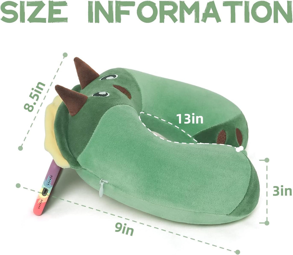 Niuniu Daddy Dinosaur Kids Travel Neck Pillow Road Trip Essentials for 3-8 Years Old, Memory Foam Dino Portable Pillow for Airplane Travel Essentials, Green Triceratops Cervical Pillow for Boys Girls